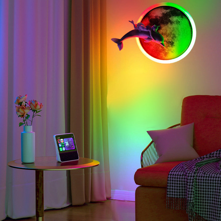 Modern Minimalist Round Iron Acrylic Round Moon Dolphins Astronauts LED Wall Sconce Lamp For Living Room
