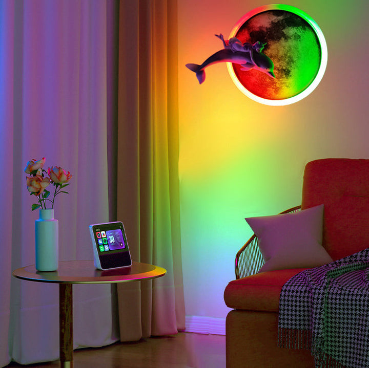 Modern Minimalist Round Iron Acrylic Round Moon Dolphins Astronauts LED Wall Sconce Lamp For Living Room