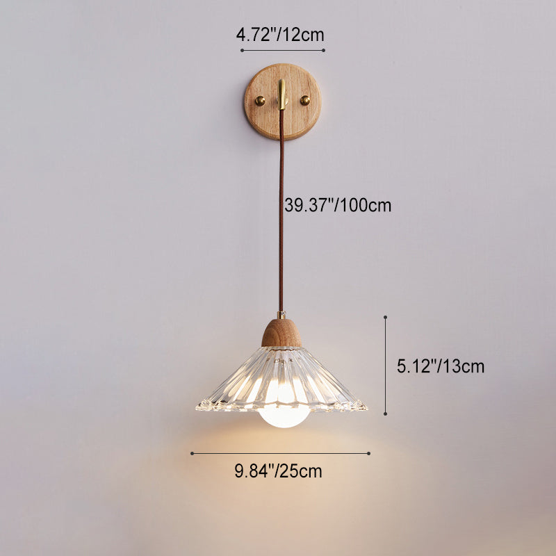 Zeitgenössische Retro Zylinder Blütenblatt Kegel Massivholz Glas 1-Licht Wandleuchte Lampe für Schlafzimmer 