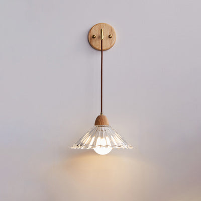 Zeitgenössische Retro Zylinder Blütenblatt Kegel Massivholz Glas 1-Licht Wandleuchte Lampe für Schlafzimmer 