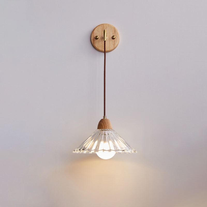 Zeitgenössische Retro Zylinder Blütenblatt Kegel Massivholz Glas 1-Licht Wandleuchte Lampe für Schlafzimmer 