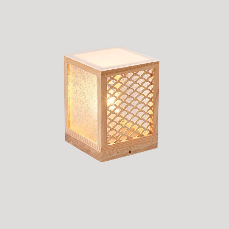 Japanese Harajuku Solid Wood Hollow Pattern Cube Acrylic 1-Light Table Lamp