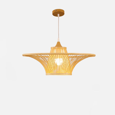 Suspension Luminaire Cylindre Rond en Bambou Japonais Traditionnel à 1 Lumière pour Chambre 
