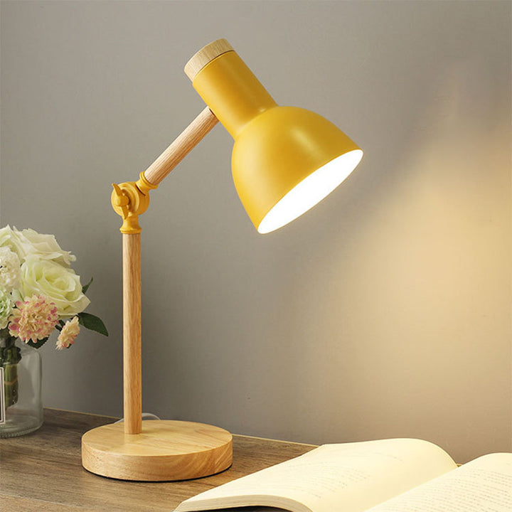 Lámpara de mesa contemporánea nórdica con pantalla semicircular de hierro y base de madera de 1 luz para estudio 