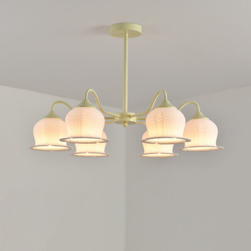 Moderner Art-Deco-Kronleuchter mit Eisenrahmen und PLA-Glocken-Orchideen-Blumenschirm, 3/5/6 Lichter, für Wohnzimmer 