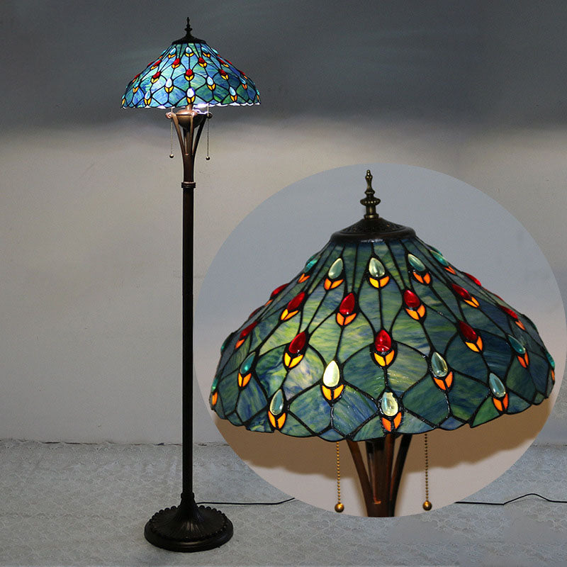 Lampe de sol traditionnelle Tiffany en résine avec dôme semi-circulaire en verre, motif de vache et fleur en diamant à 2 lumières pour salle à manger 