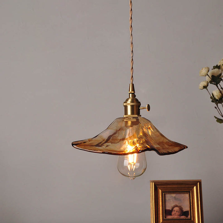 Modern Eclectic Amber Brass Glass Geometric Jar 1-Light Pendant Light For Living Room