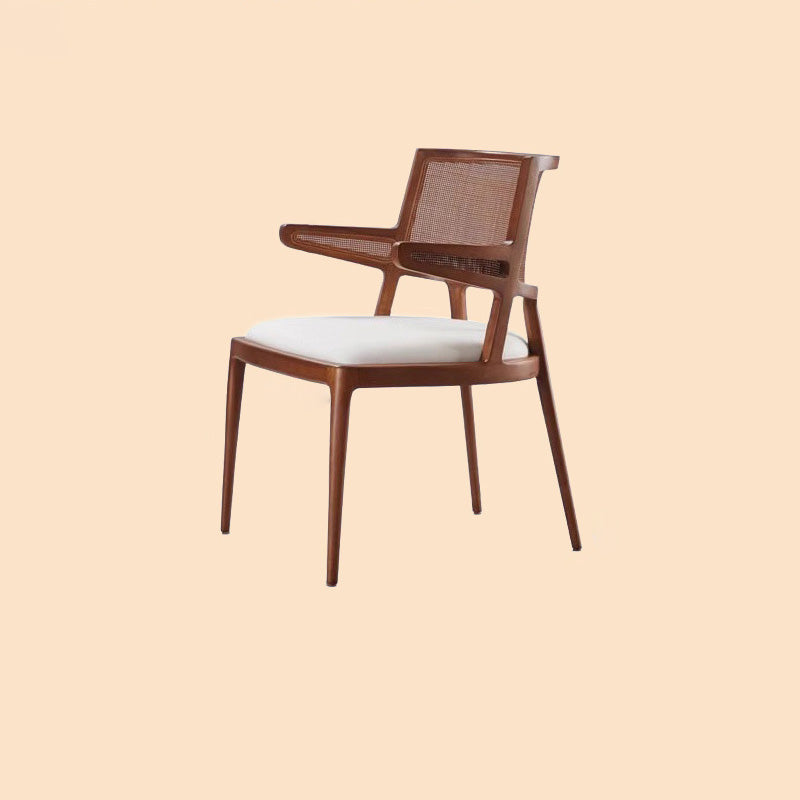 Silla de comedor de madera tapizada en cuero de microfibra cuadrada retro contemporánea con respaldo de ratán para comedor 