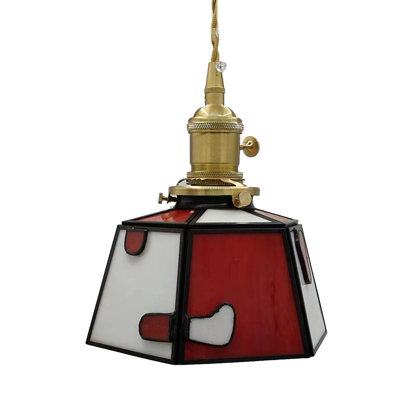 Lustre suspendu traditionnel vintage en laiton, verre, cylindre quadripartite, corne, treillis, à 1 lumière pour salle à manger 
