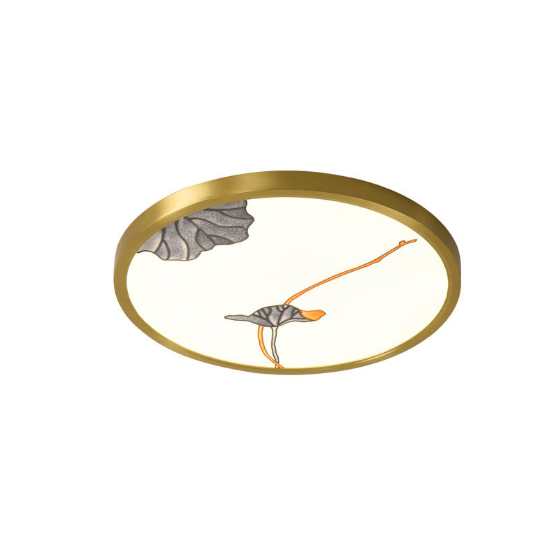 Traditional Chinese Copper Acrylic Round Lotus Bamboo Ginkgo Leaves LED Flush Mount Ceiling Light For Living Room