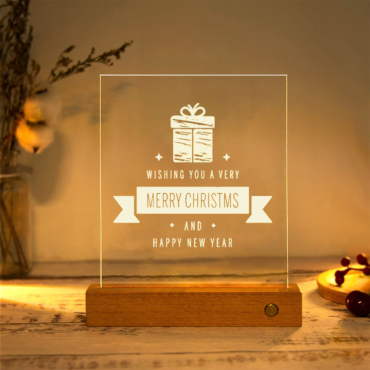 Moderne Weihnachtsrechteckige Acrylplatte Massivholz USB LED Tischlampe 