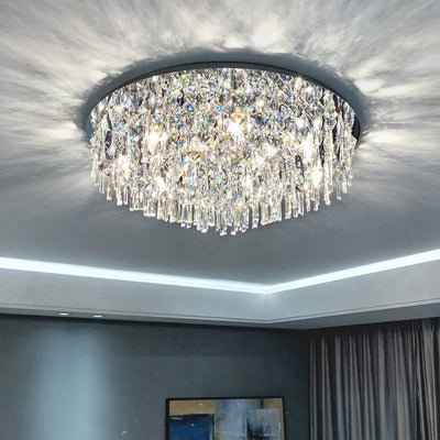 Luxe contemporain Éblouissant chaînes de cristal prismatiques Cadre rond en acier inoxydable Plafonnier encastré à 2/6/8 lumières pour salon 