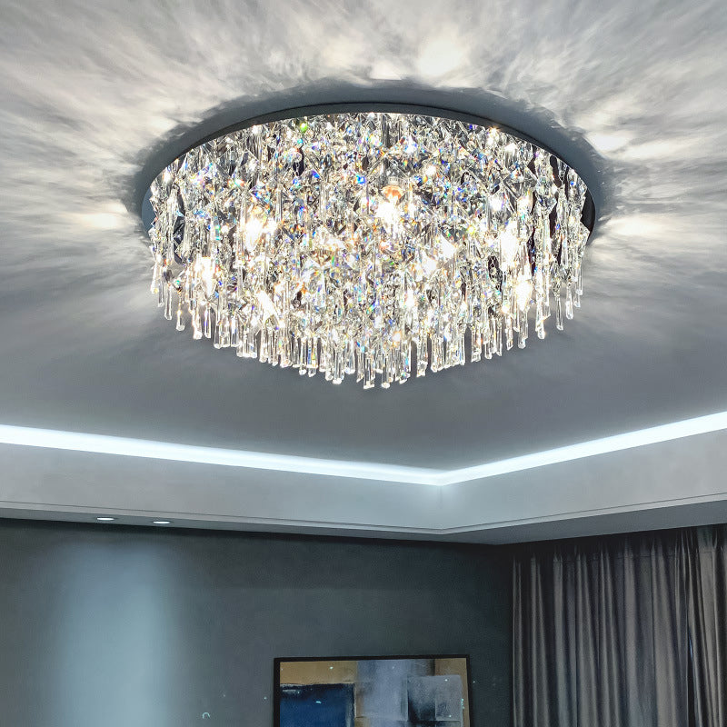 Luxe contemporain Éblouissant chaînes de cristal prismatiques Cadre rond en acier inoxydable Plafonnier encastré à 2/6/8 lumières pour salon 