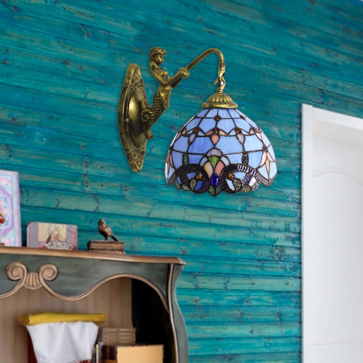 Applique murale traditionnelle Tiffany en verre de fer avec base de sirène demi-globe 1 lumière pour chambre à coucher 