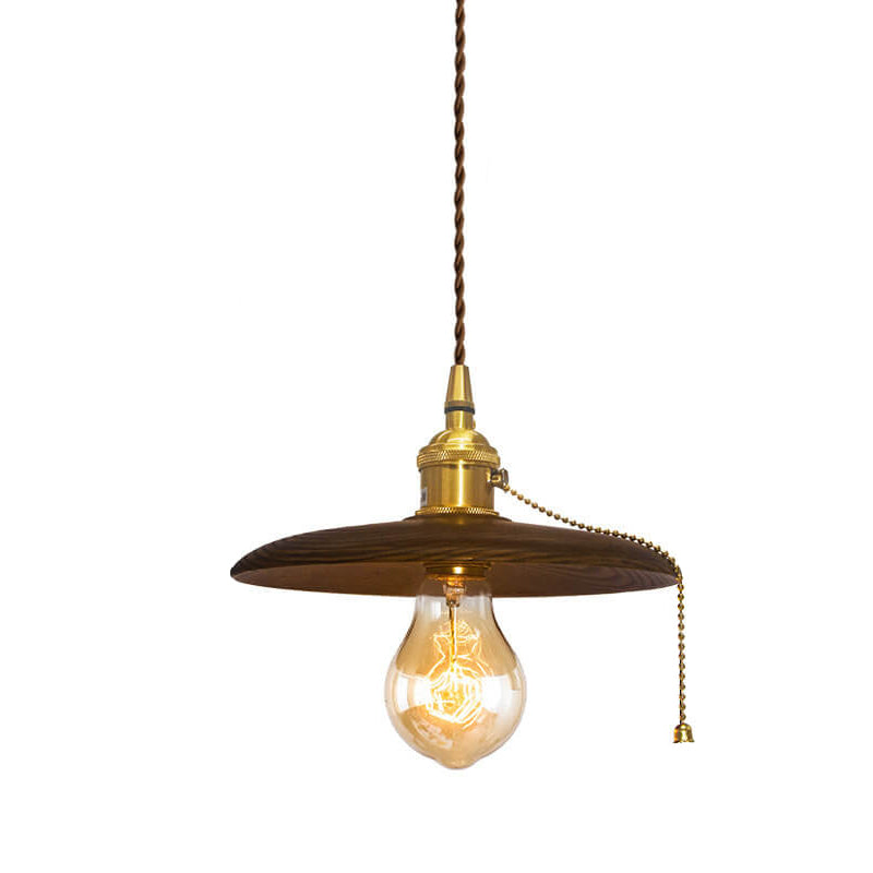 Contemporary Retro Ash Wood Copper Round Dish Irregular Grain 1-Light Pendant Light For Dining Room