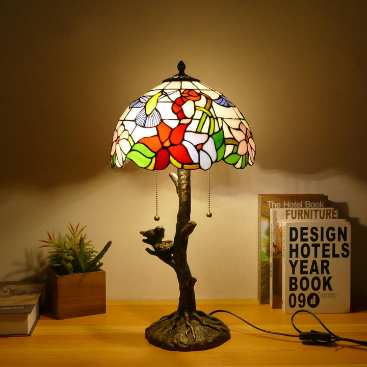 Traditional Tiffany Dragonfly Flower Stained Glass Bird Base 2-Light Table Lamp For Bedroom