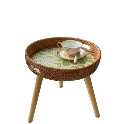 Table d'appoint ronde en bois et rotin fait main rustique traditionnel pour salon 