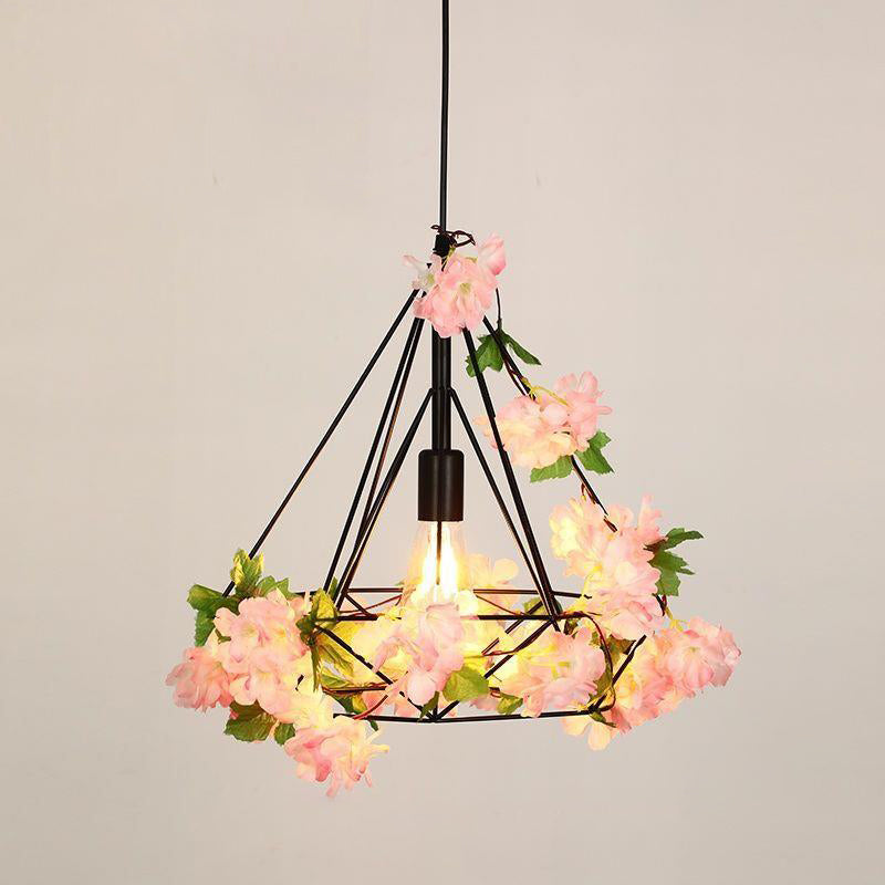 Luz colgante de 1 luz con hoja de sakura de diamante de vegetación simulada de cuerda de cáñamo de hierro retro contemporáneo para comedor 