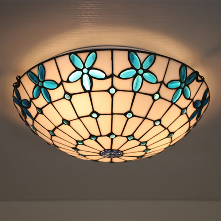 Traditionelle Tiffany Mittelmeer Runde Buntglas 3-Licht Unterputz Deckenleuchte für Wohnzimmer 