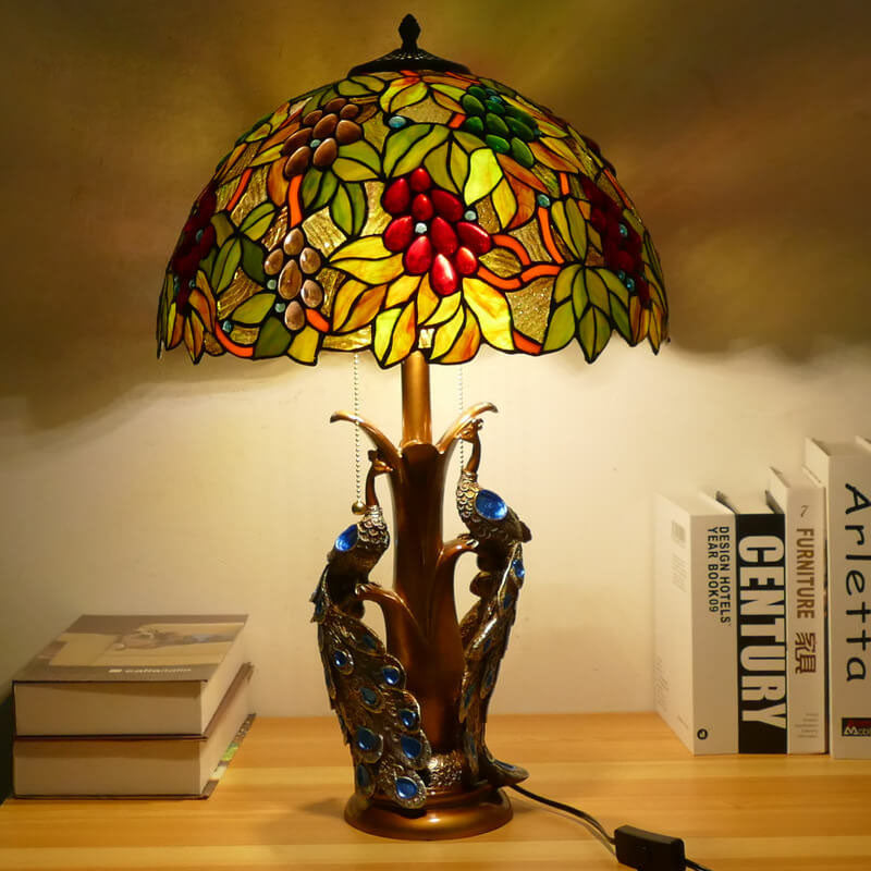 Traditional Tiffany Stained Glass Resin Dome Peacock Base 2-Light Table Lamp For Bedroom