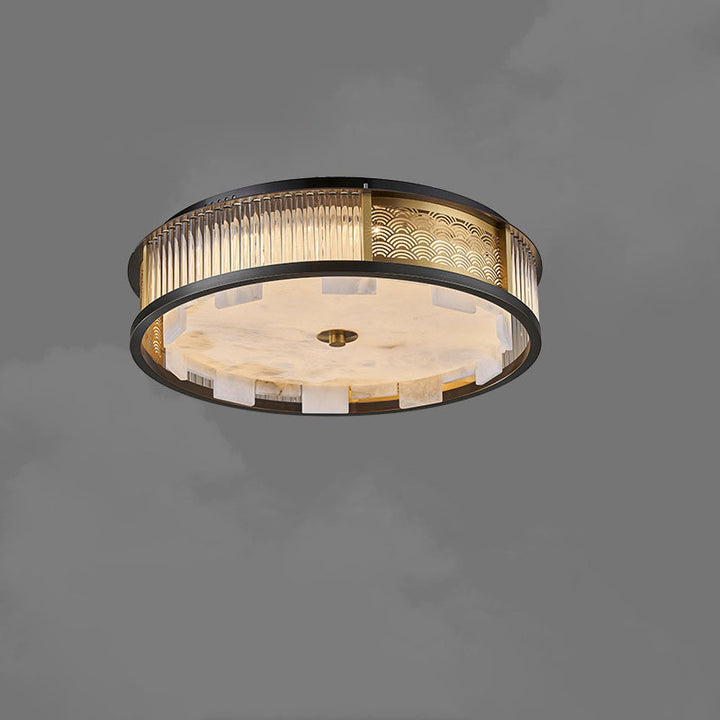 Traditional Chinese Marble Stainless Steel Copper Glass Rods Marble Round LED Flush Mount Ceiling Light For Living Room
