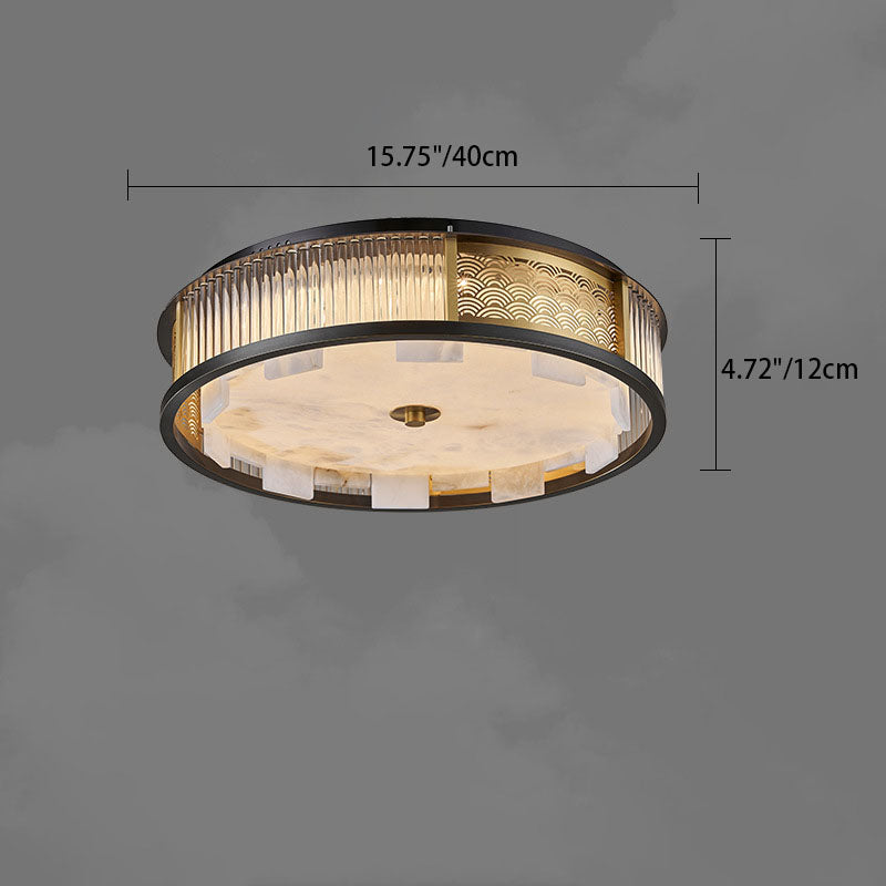 Traditional Chinese Marble Stainless Steel Copper Glass Rods Marble Round LED Flush Mount Ceiling Light For Living Room