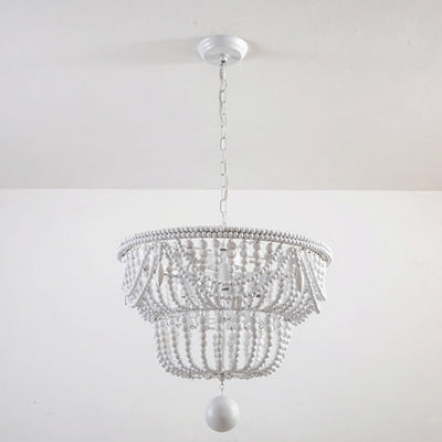 Lustre traditionnel rustique lanterne sphérique en fer et perles de bois à 4 lumières pour salon 