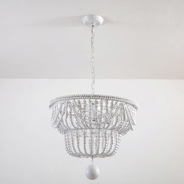 Lustre traditionnel rustique lanterne sphérique en fer et perles de bois à 4 lumières pour salon 