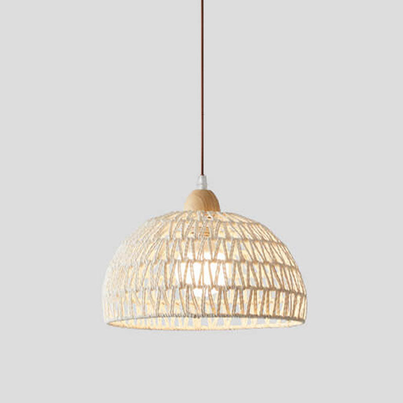 Contemporary Boho Rubberwood Faux Rattan Weaving Dome 1-Light Pendant Light For Dining Room