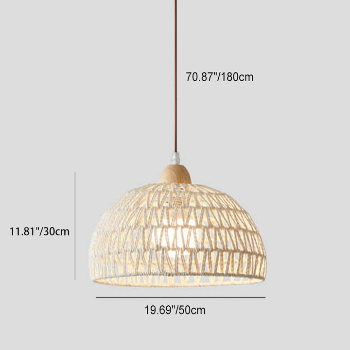 Contemporary Boho Rubberwood Faux Rattan Weaving Dome 1-Light Pendant Light For Dining Room