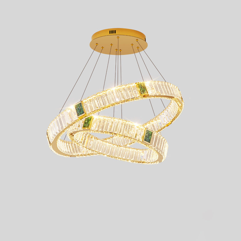 Lustre LED en cristal moderne de luxe rond en cristal titane en acier inoxydable pour salon 