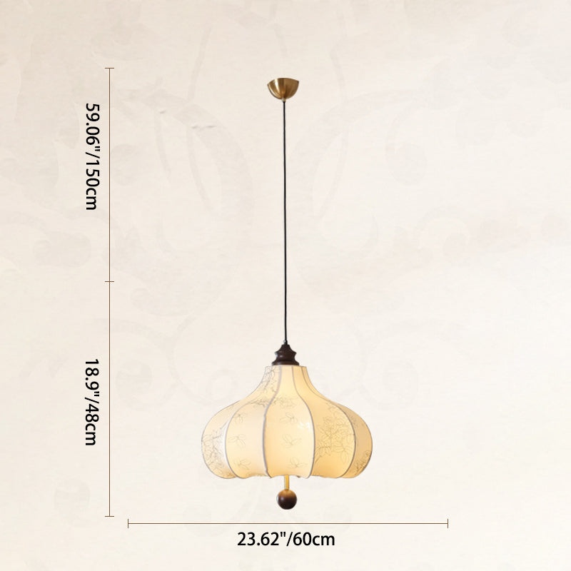 Suspension Luminaire Traditionnel Vintage en Forme de Châtaigne Ronde en Tissu Bois Massif 3/5 Lumières pour Salon 