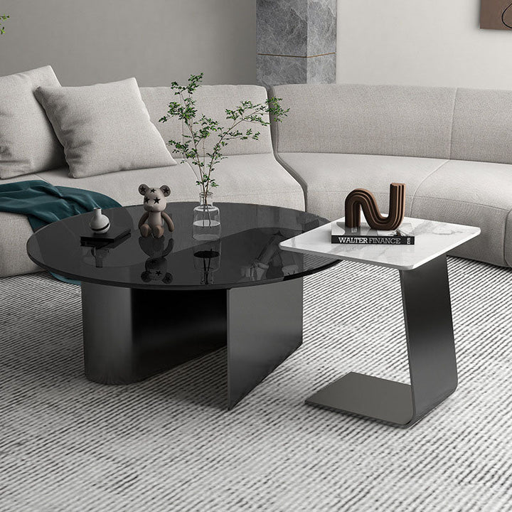 Moderner minimalistischer runder quadratischer Couchtisch aus Glas, Steinplatte und Karbonstahl mit 1 Ebene für das Wohnzimmer 