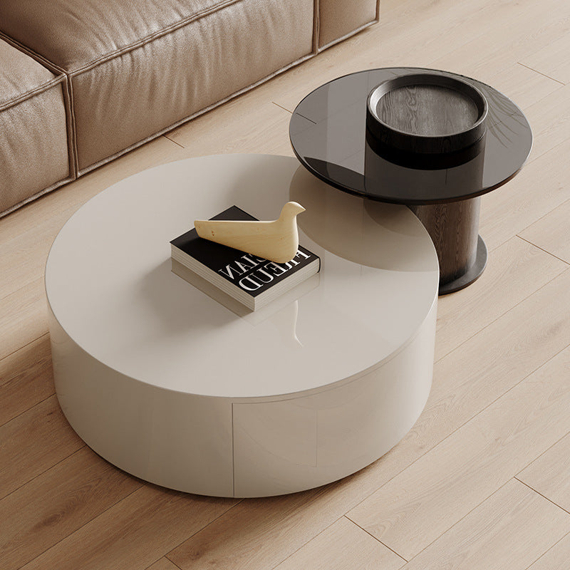 Modern Minimalist Round Plywood Metal Glass Coffee Table Set 2-Drawer For Living Room