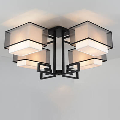 Modern Chinese Fabric Square Geometric Hardware 4-Light Semi-Flush Mount Ceiling Light