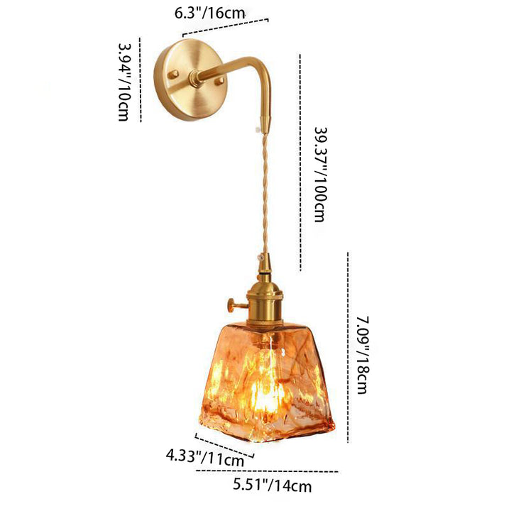 Modern Minimalist Eclectic Amber Glass Brass Iron Geometric 1-Light Wall Sconce Lamp For Living Room