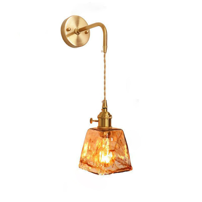 Modern Minimalist Eclectic Amber Glass Brass Iron Geometric 1-Light Wall Sconce Lamp For Living Room