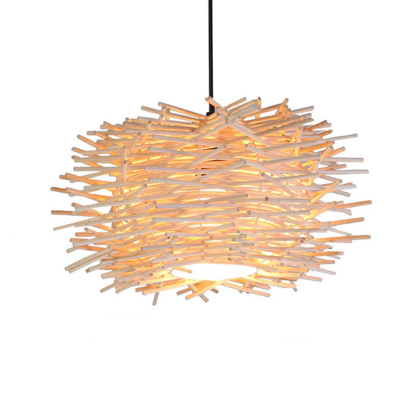 Lámpara colgante de 1 luz con diseño de nido de pájaro tejido en ratán japonés tradicional para sala de estar 