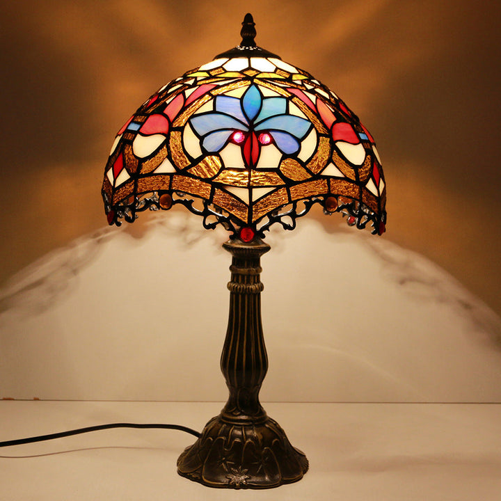 Abat-jour en dôme en verre teinté Tiffany traditionnel Base en alliage de lotus Lampe de table à 1 lumière pour chambre 