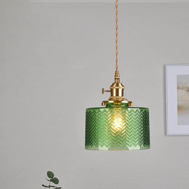 Suspension Luminaire à 1 Lumière pour Salon avec Abat-Jour Cylindrique en Verre Rainuré en Laiton Antique Traditionnel Vintage 