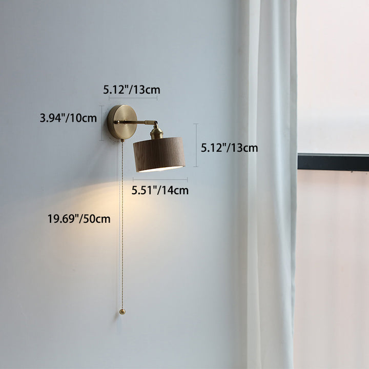 Zeitgenössische skandinavische runde Kegelkuppel Kupferholz 1-Licht Wandleuchte Lampe für Schlafzimmer 