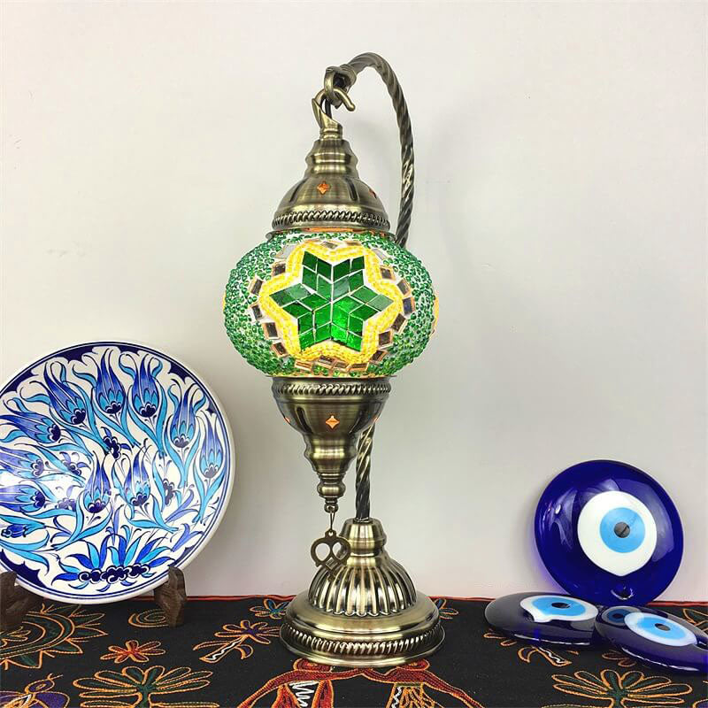 Traditional Vintage Handmade Stained Glass Metal Jar Swan 1-Light Table Lamp for Living Room