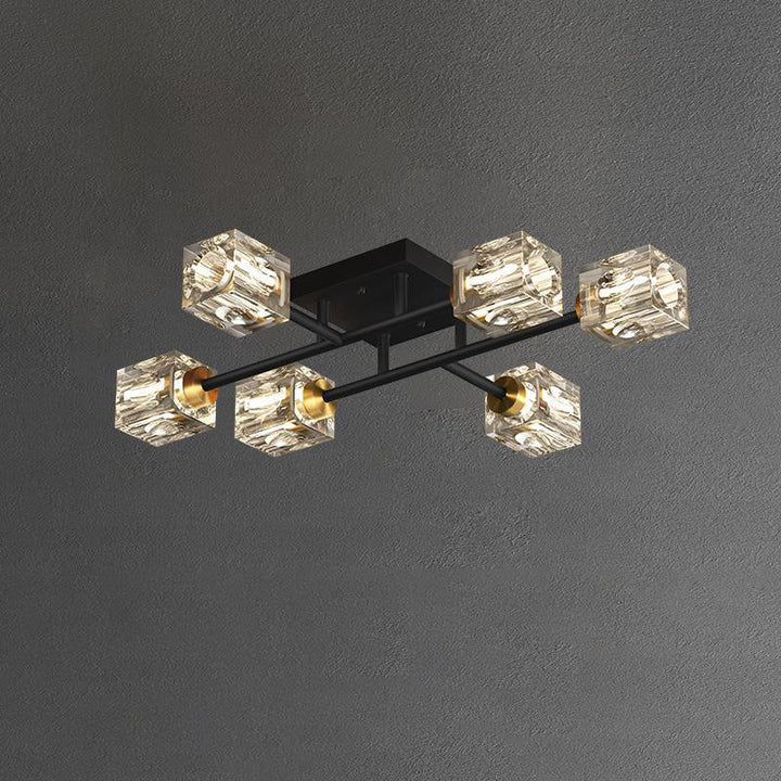 Luminaire de plafond semi-encastré contemporain de luxe branche rectangulaire en cuivre massif avec cristal 4/6/8 lumières pour salon 