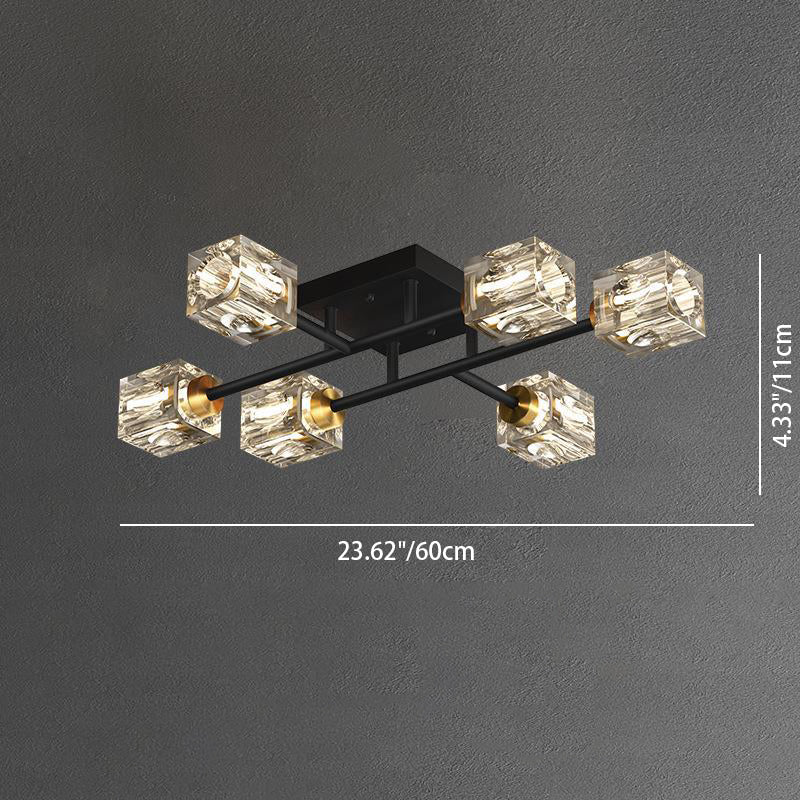 Luminaire de plafond semi-encastré contemporain de luxe branche rectangulaire en cuivre massif avec cristal 4/6/8 lumières pour salon 