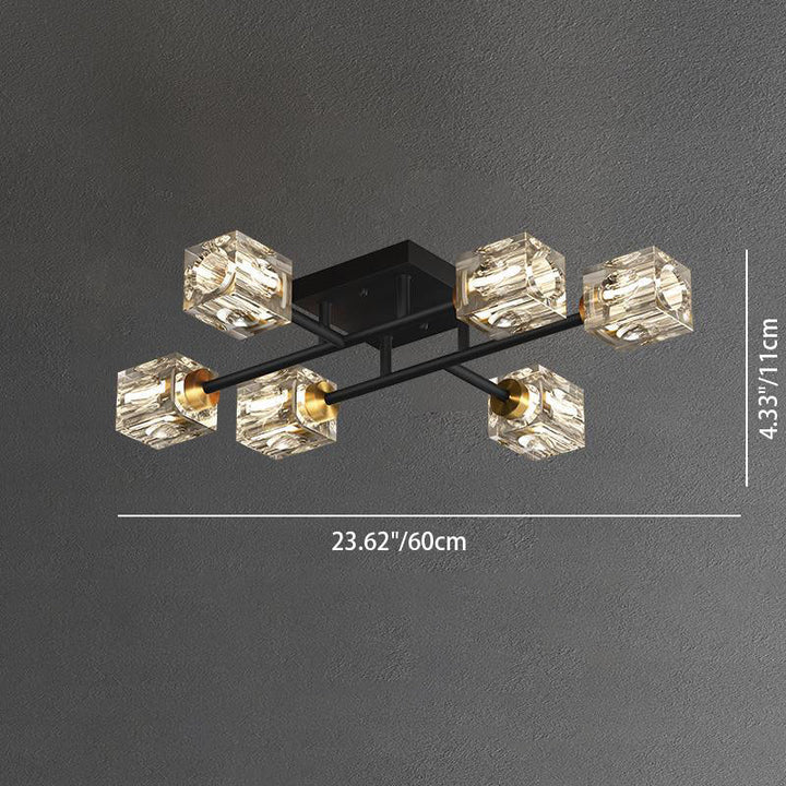 Luminaire de plafond semi-encastré contemporain de luxe branche rectangulaire en cuivre massif avec cristal 4/6/8 lumières pour salon 