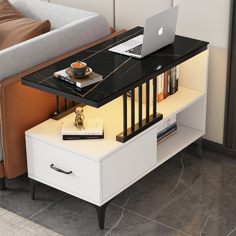 Rechteckiger Beistelltisch im zeitgenössisch-schlichten Design mit Glasplatte, 2-stufigem MDF-Schrank für das Wohnzimmer 