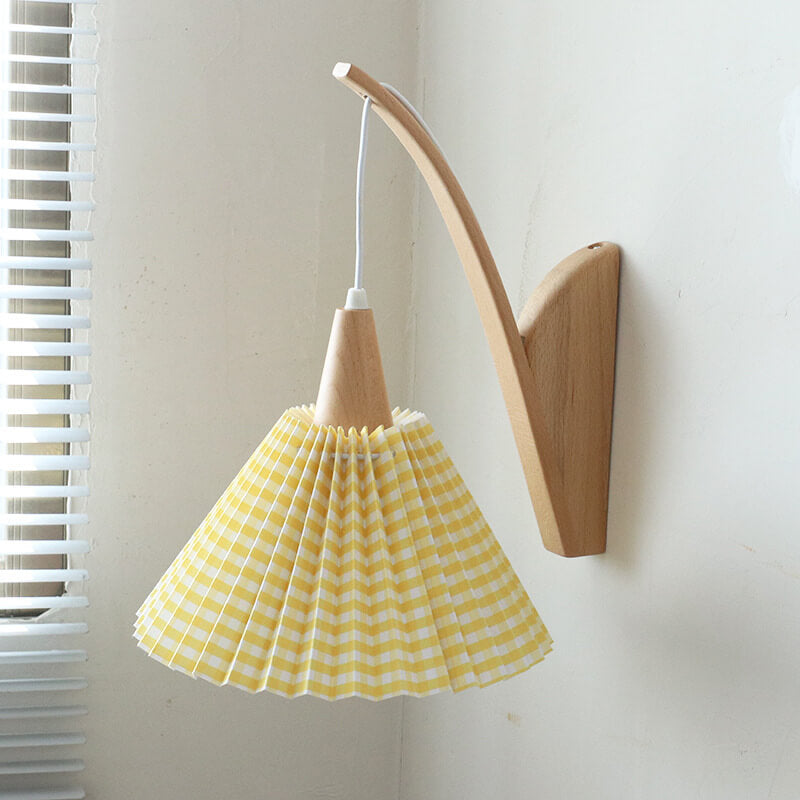 Japanese Minimalist Solid Wood Pleated Fabric Umbrella Shade 1-Light Wall Sconce Lamp