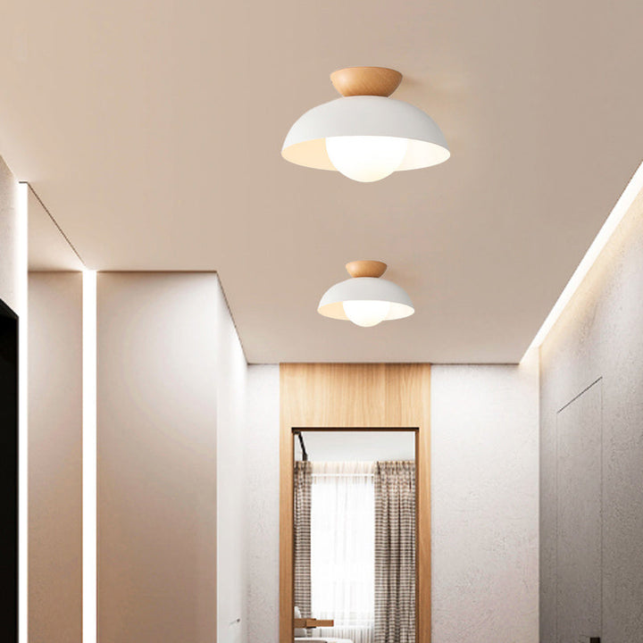 Modern Minimalist Round Bowl Wood Iron 1-Light Semi-Flush Mount Ceiling Light For Bedroom