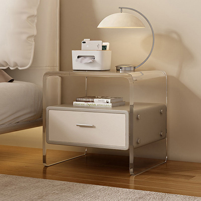 Table de nuit moderne minimaliste cubique rectangulaire en acrylique, bois et métal avec 1 tiroir pour le chevet 