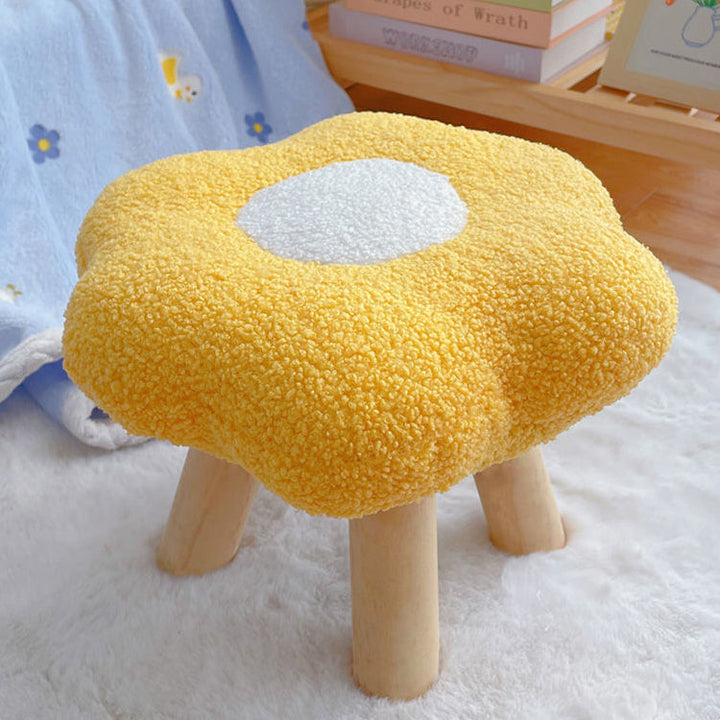 Contemporary Creative Flower Shape Sherpa Fabric Pine Wood Footstool For Entryways